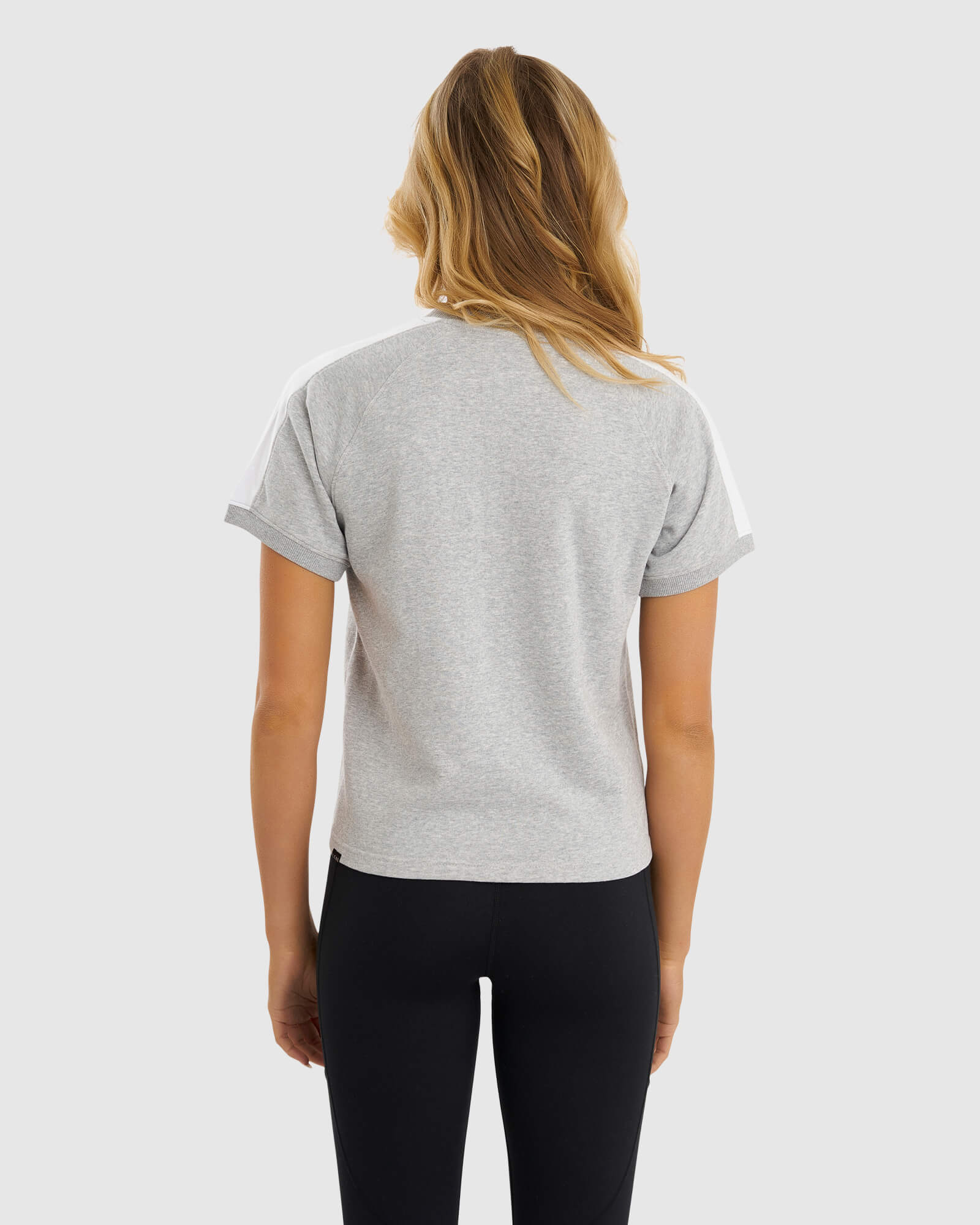 Model wearing Shooter Tee - Lt Grey Marl