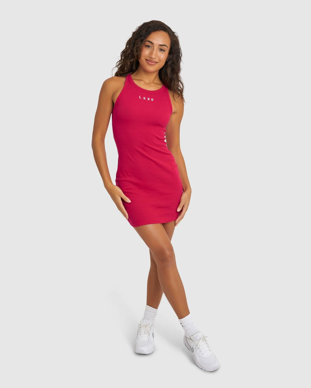 Model wearing Field Ribbed Tank Dress - Boysenberry