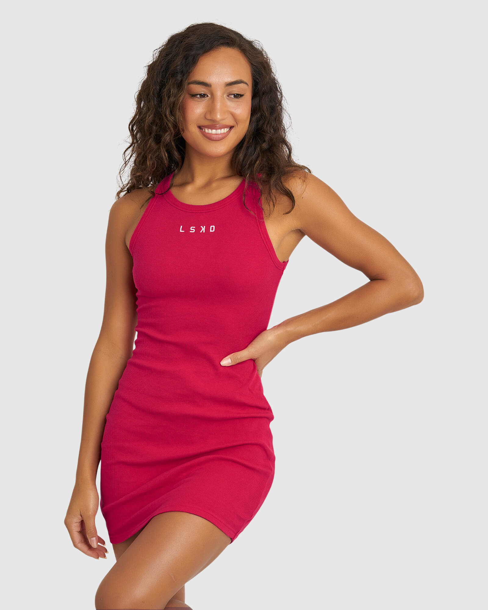 Model wearing Field Ribbed Tank Dress - Boysenberry