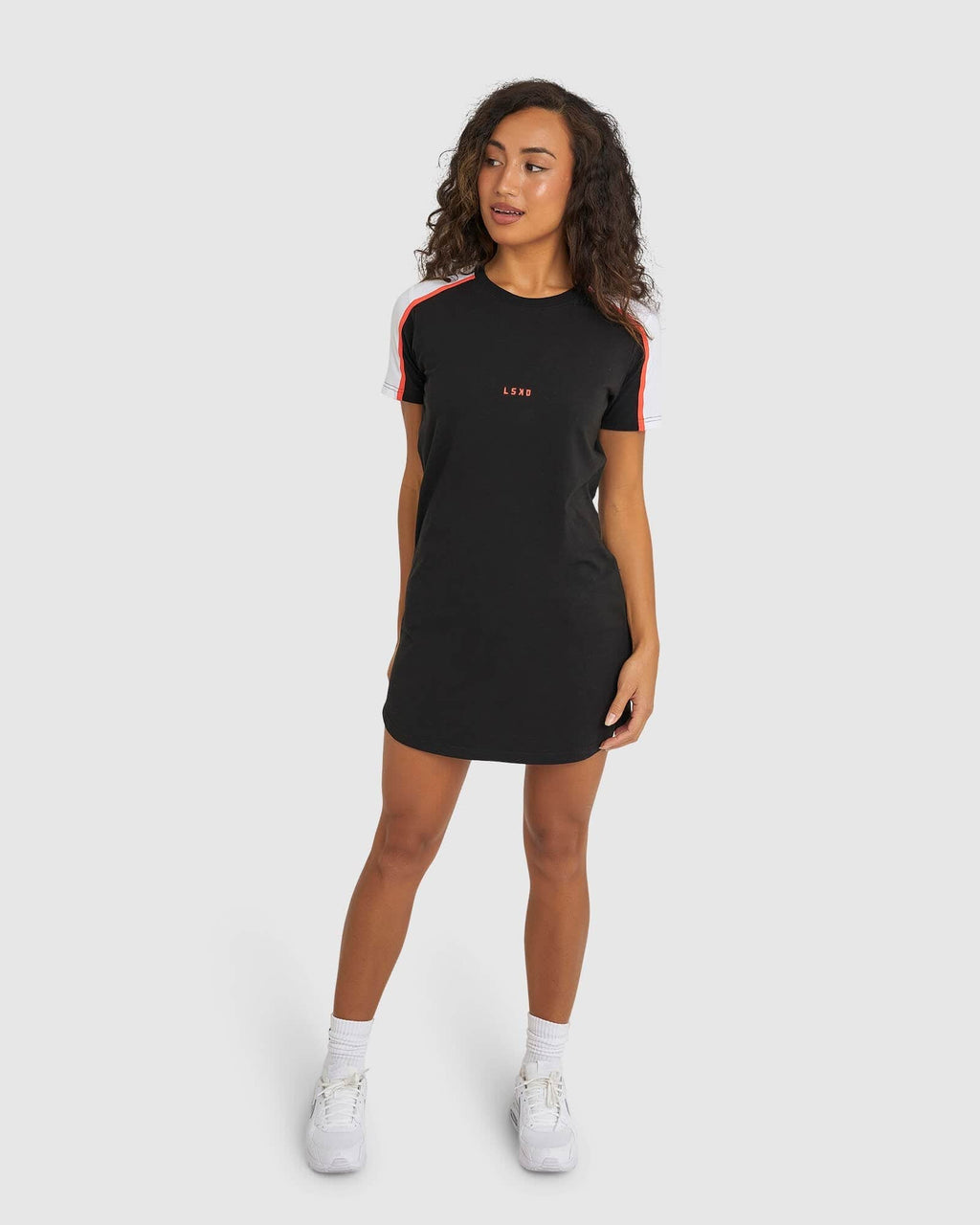 Model wearing Panel Tee Dress - Black-Fruit Punch