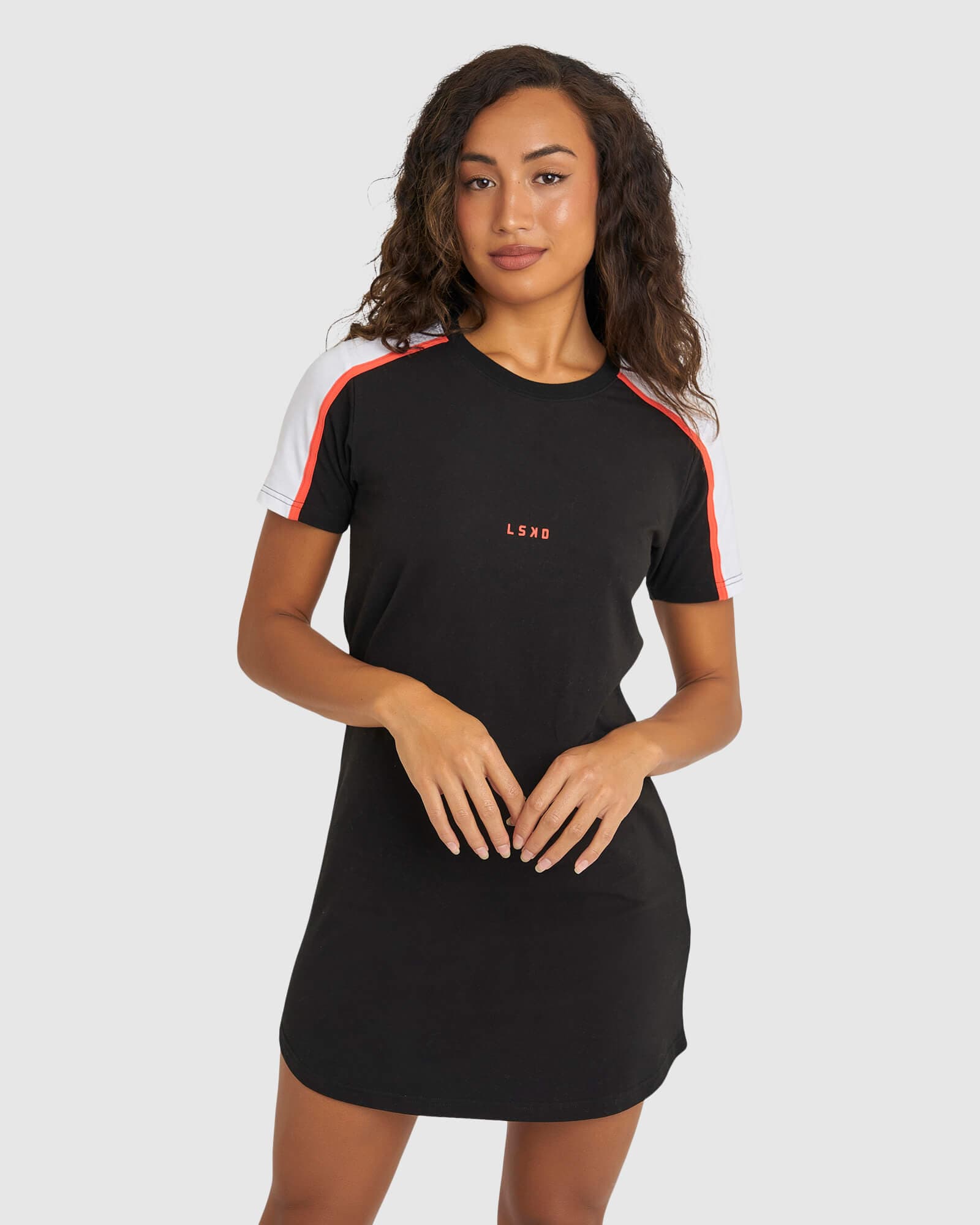 Model wearing Panel Tee Dress - Black-Fruit Punch