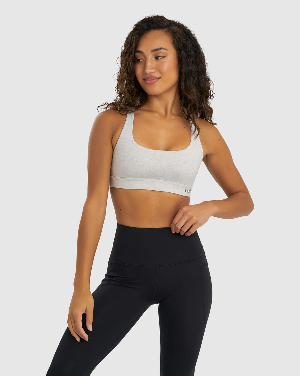 Model wearing Gisele Sports Bra - Lt Grey Marl