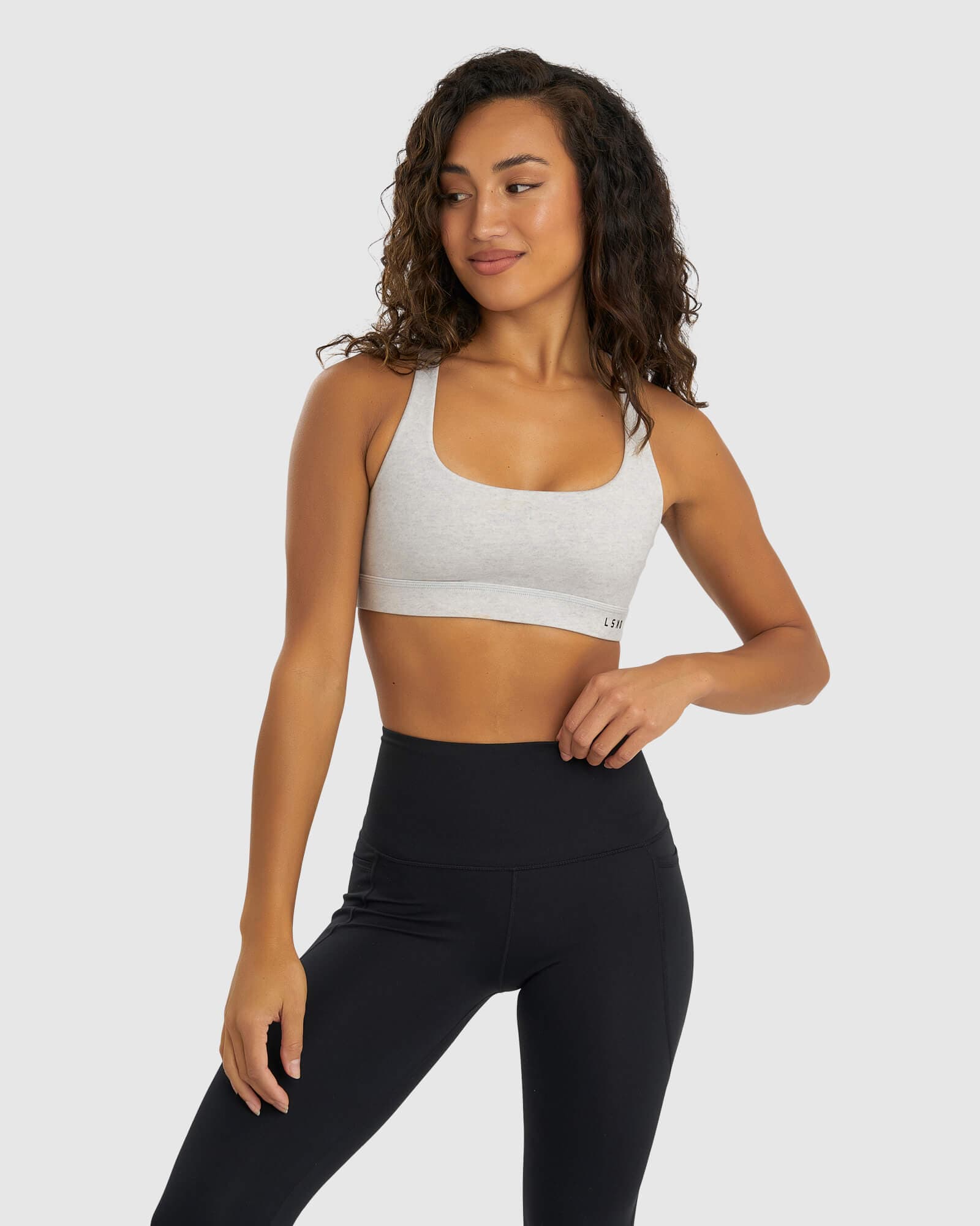 Model wearing Gisele Sports Bra - Lt Grey Marl