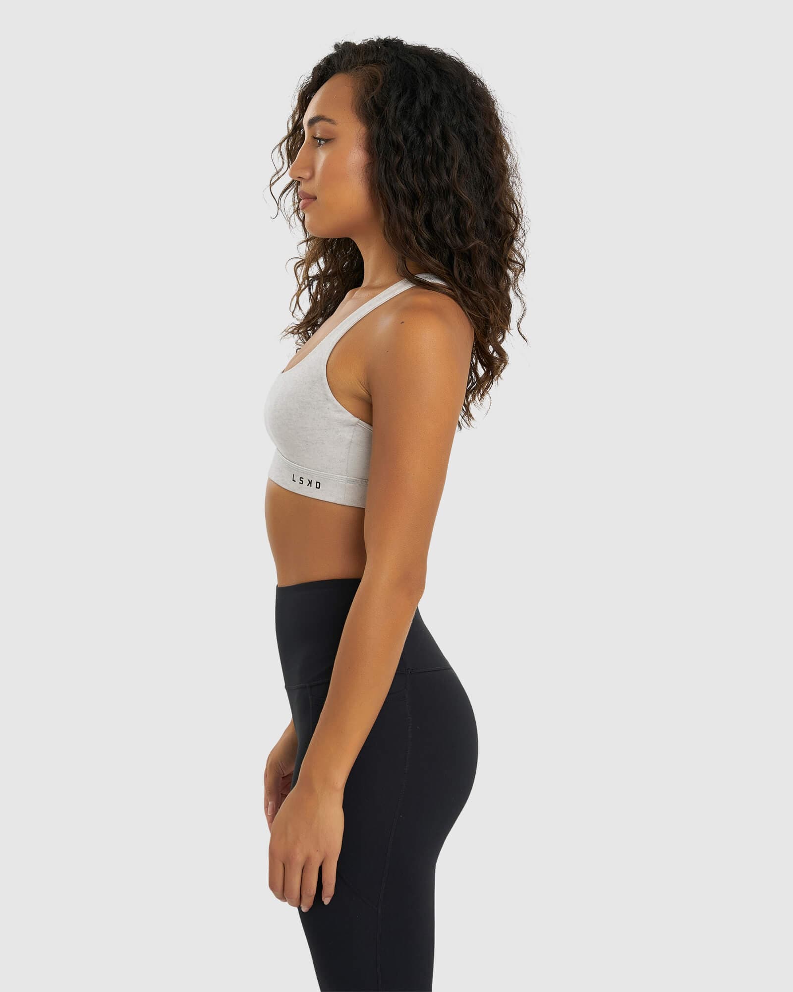 Model wearing Gisele Sports Bra - Lt Grey Marl