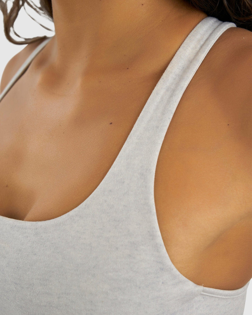 Model wearing Gisele Sports Bra - Lt Grey Marl