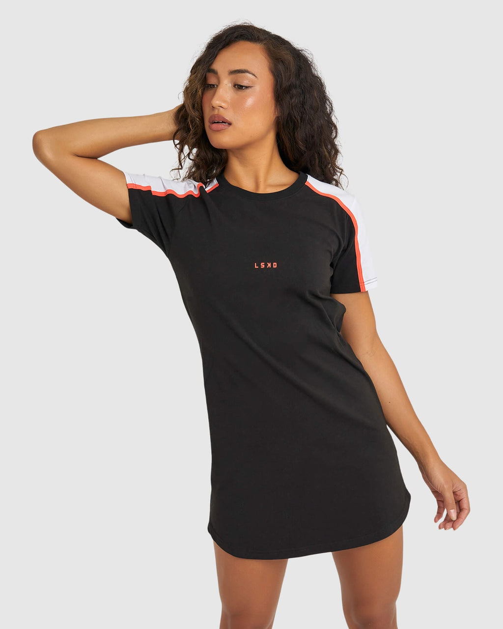 Model wearing Panel Tee Dress - Black-Fruit Punch