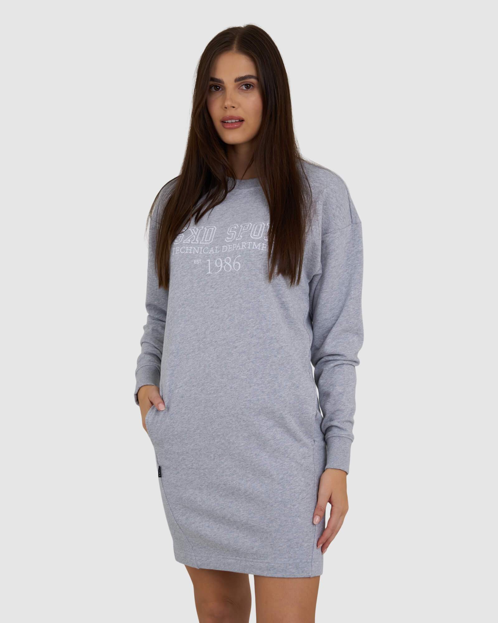 Model wearing Ivy Sweater Dress - Lt Grey Marl