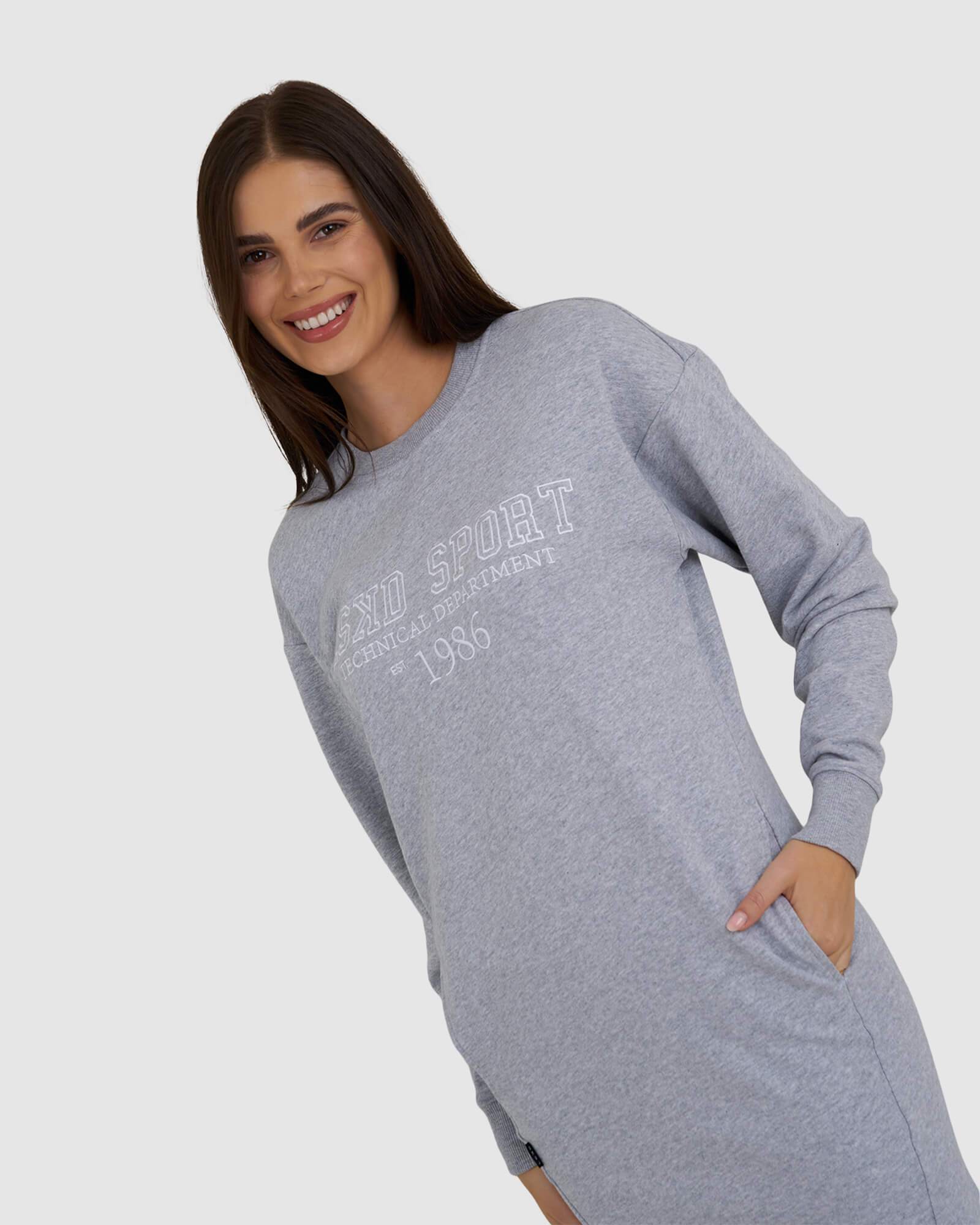 Model wearing Ivy Sweater Dress - Lt Grey Marl