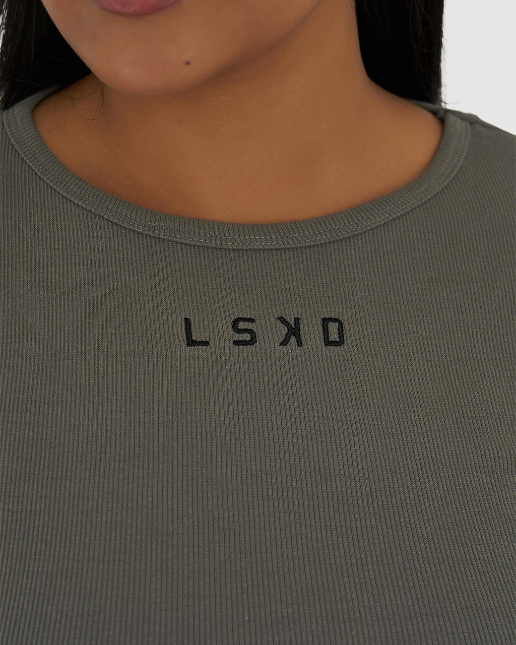 Model wearing Field Ribbed LS Dress - Castlerock