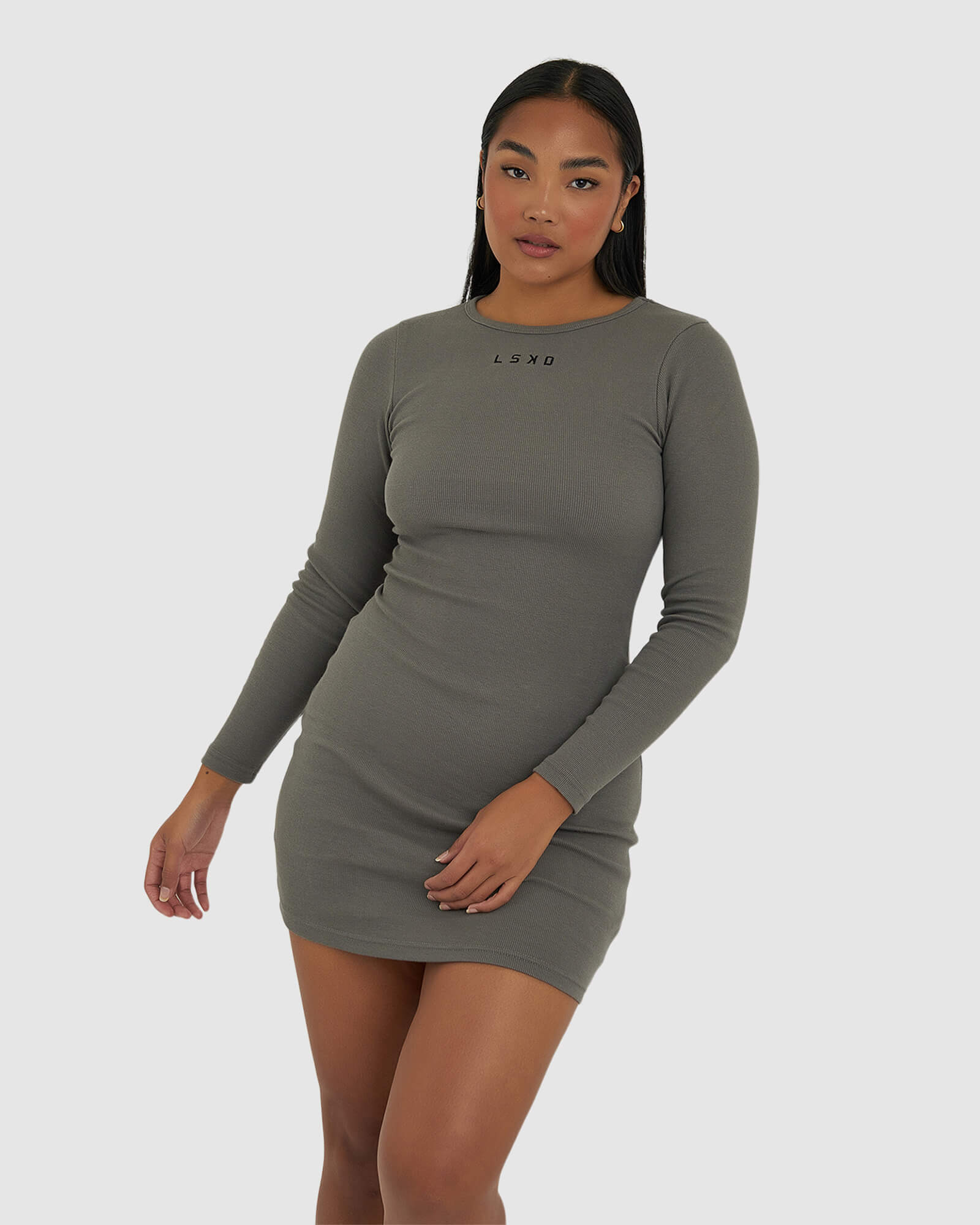 Model wearing Field Ribbed LS Dress - Castlerock