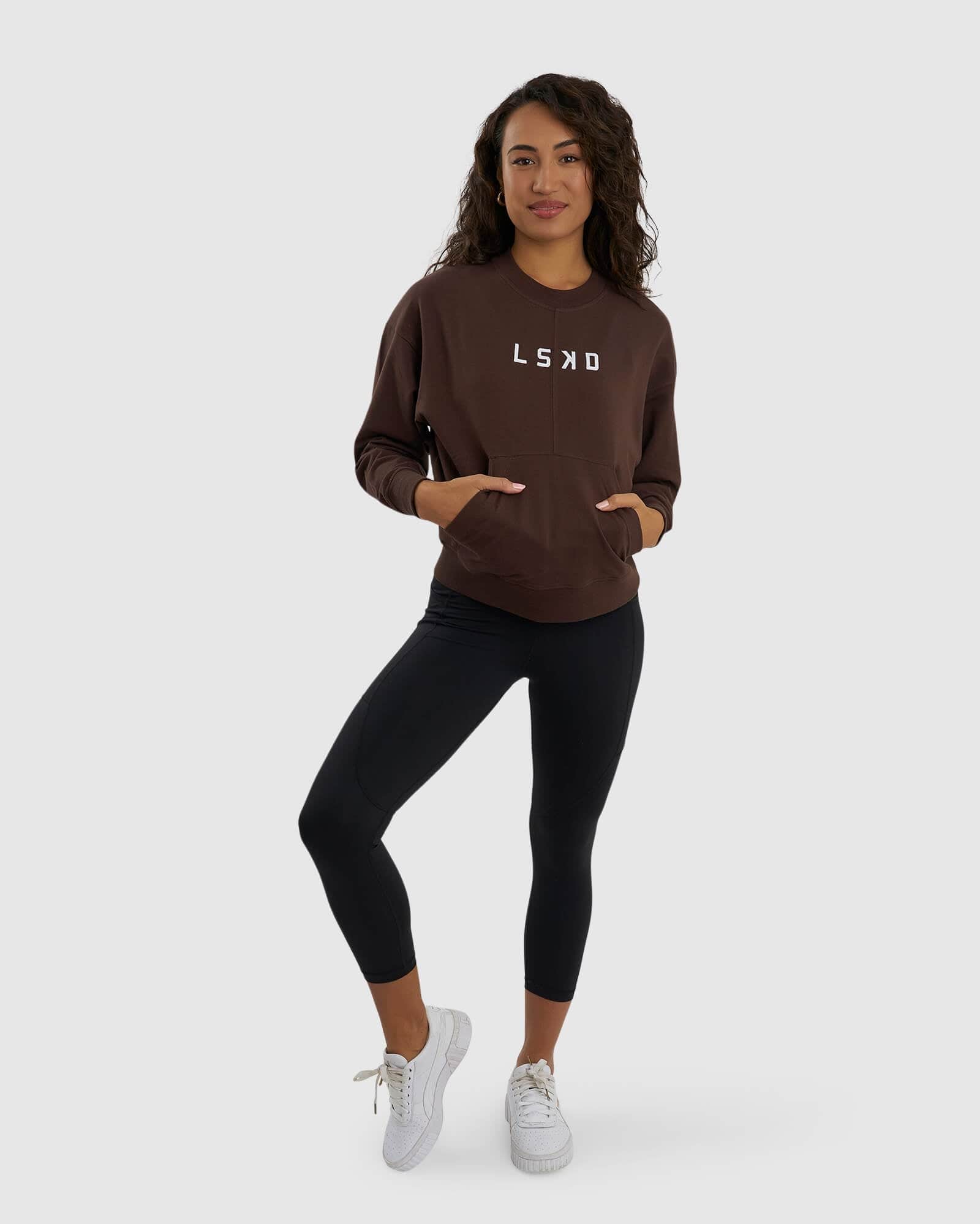 Model wearing Divide Sweater - Walnut