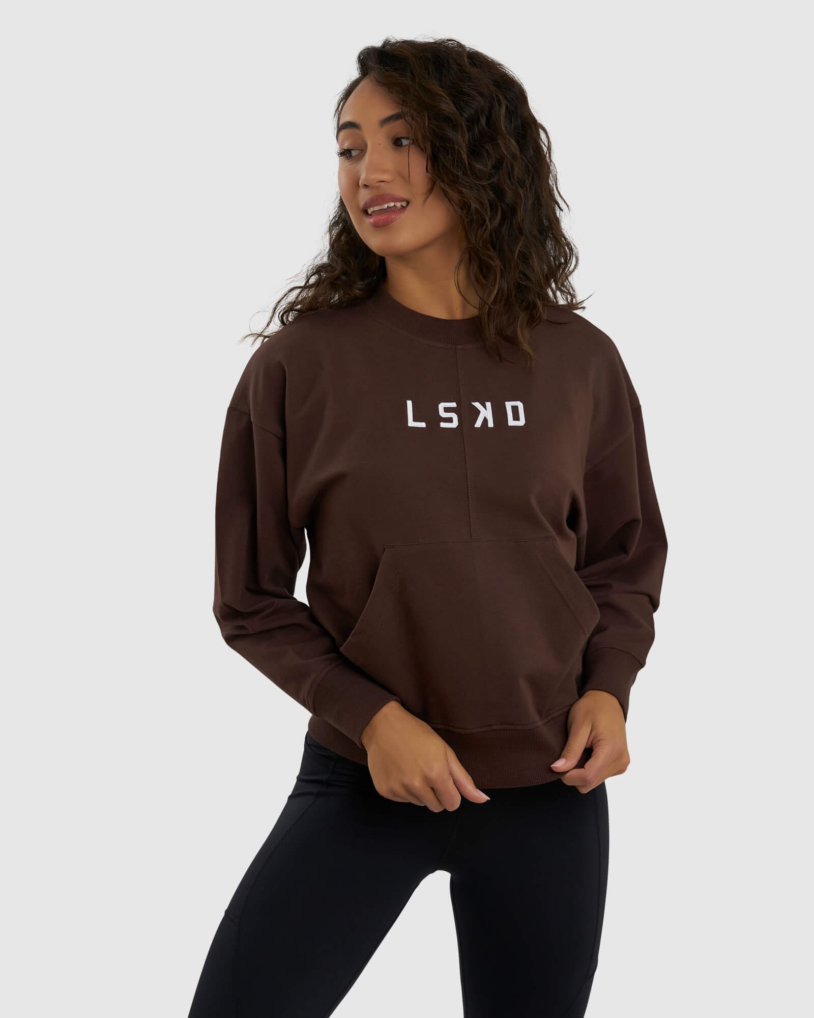 Model wearing Divide Sweater - Walnut