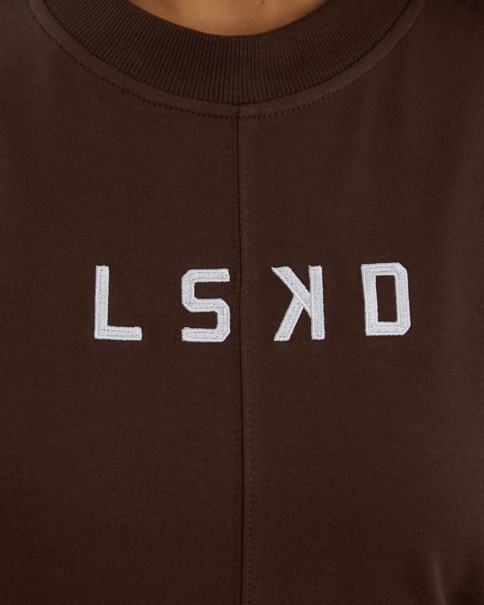 Model wearing Divide Sweater - Walnut