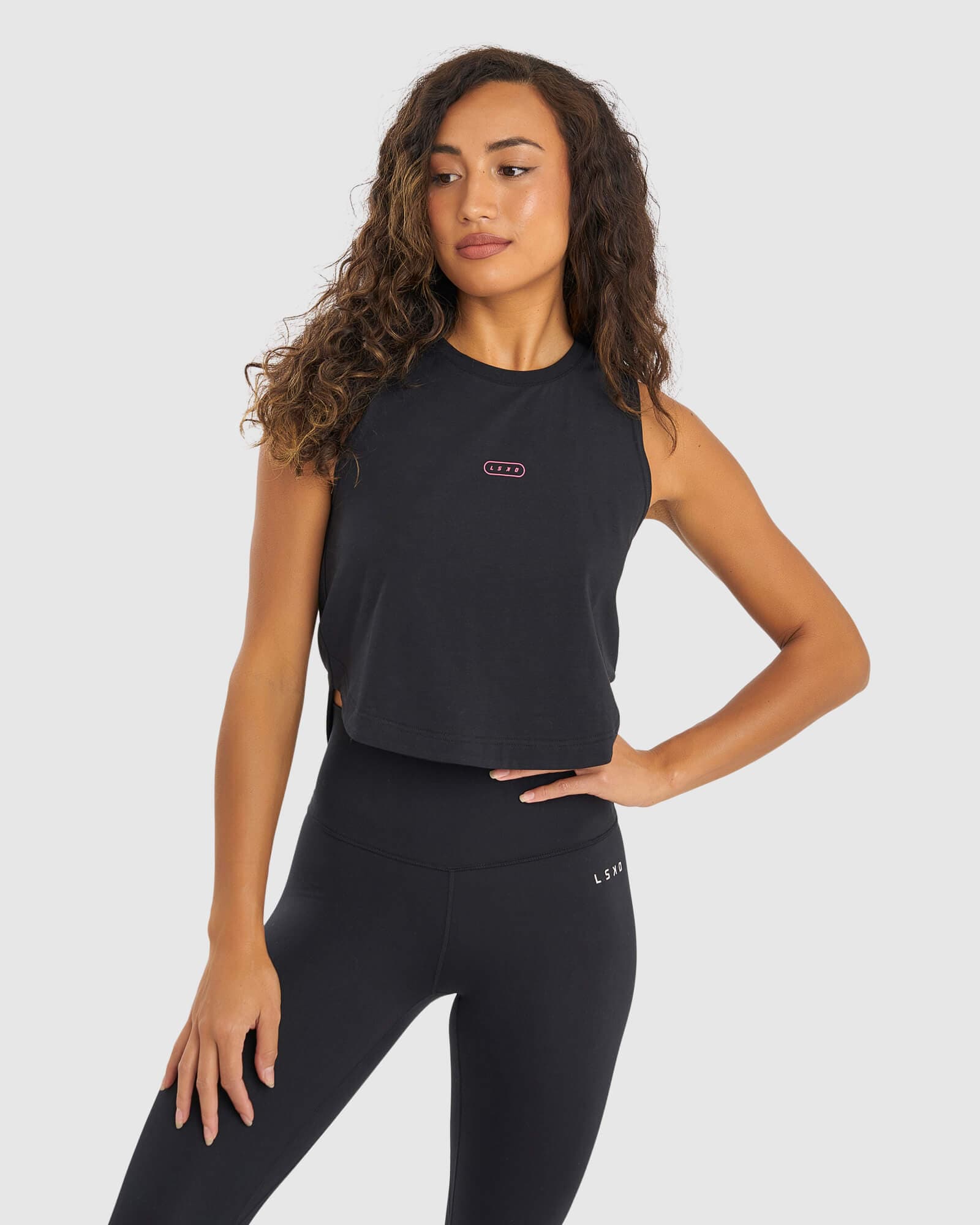 Model wearing Lotus Tank - Black-Boysenberry