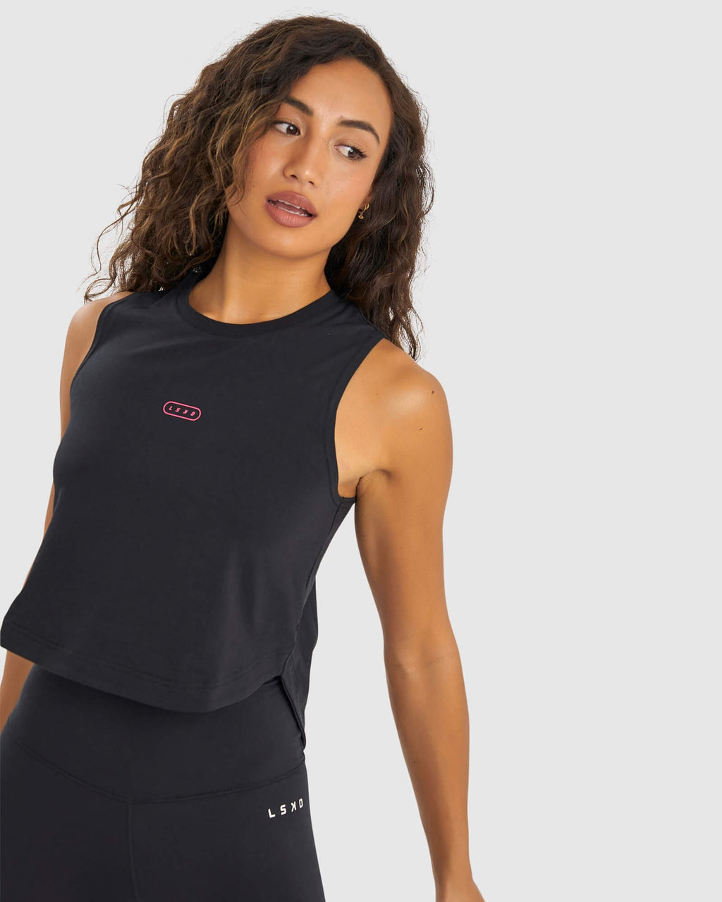 Model wearing Lotus Tank - Black-Boysenberry