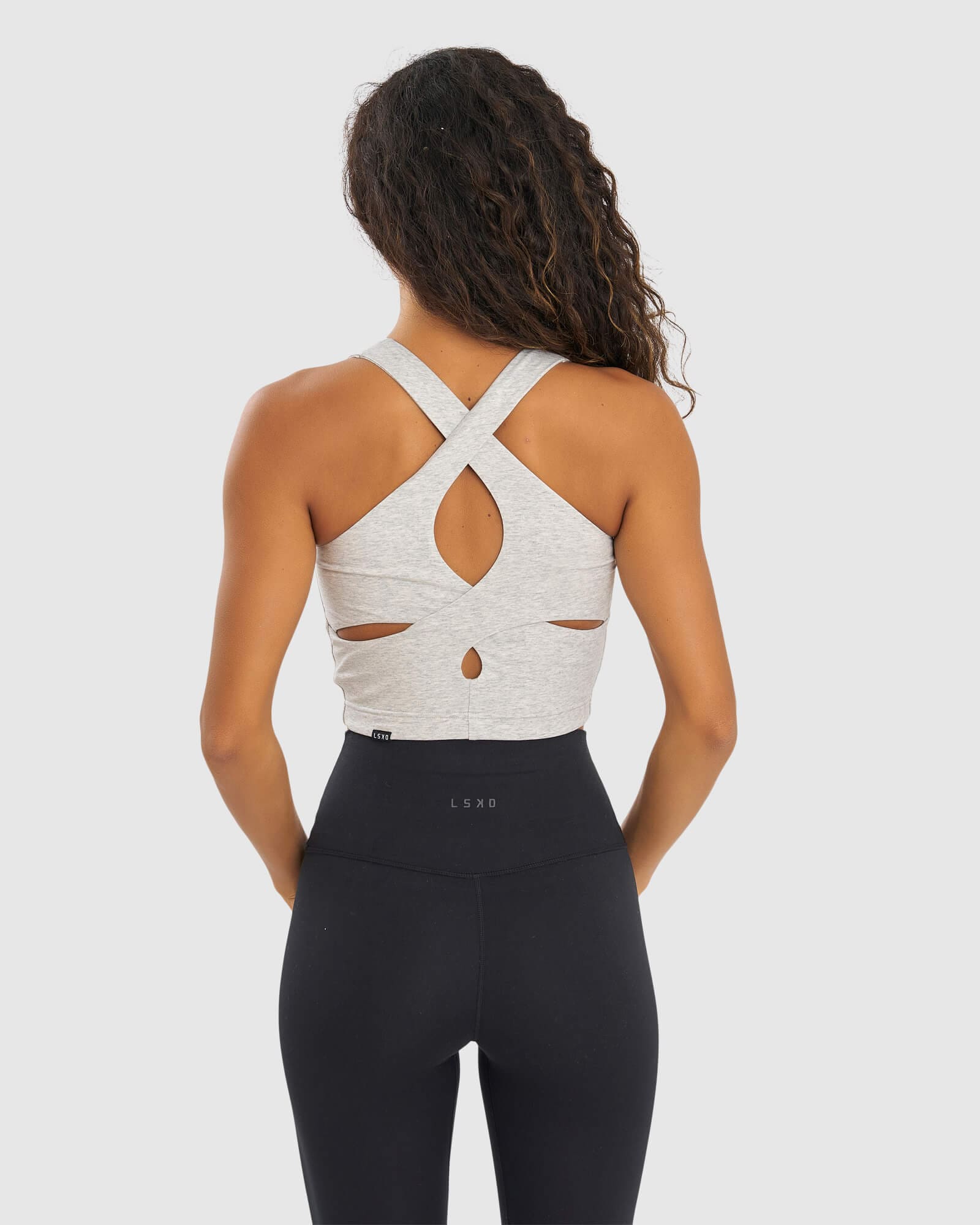 Model wearing Status Tank - Lt Grey Marl- Fruit Punch