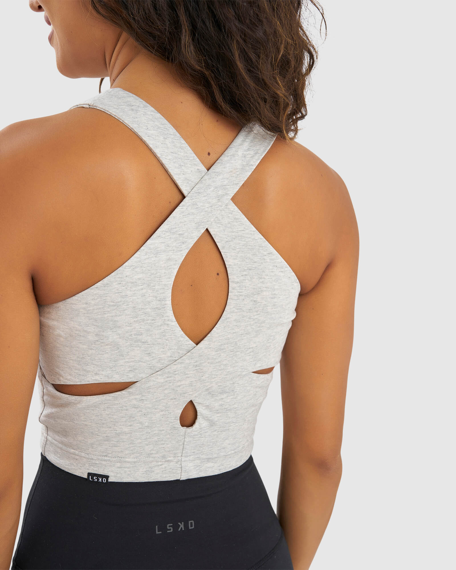 Model wearing Status Tank - Lt Grey Marl- Fruit Punch