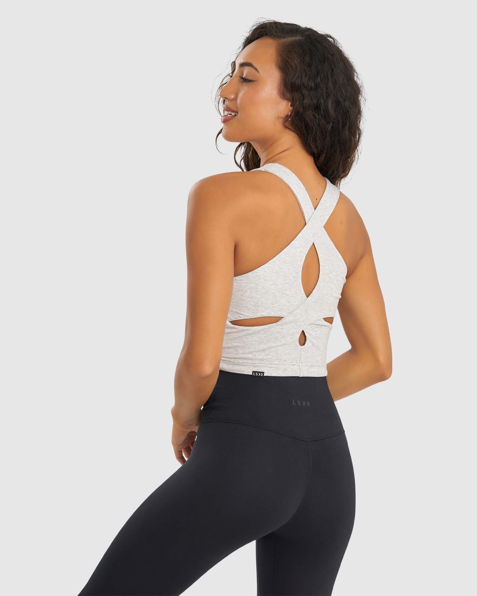 Model wearing Status Tank - Lt Grey Marl- Fruit Punch