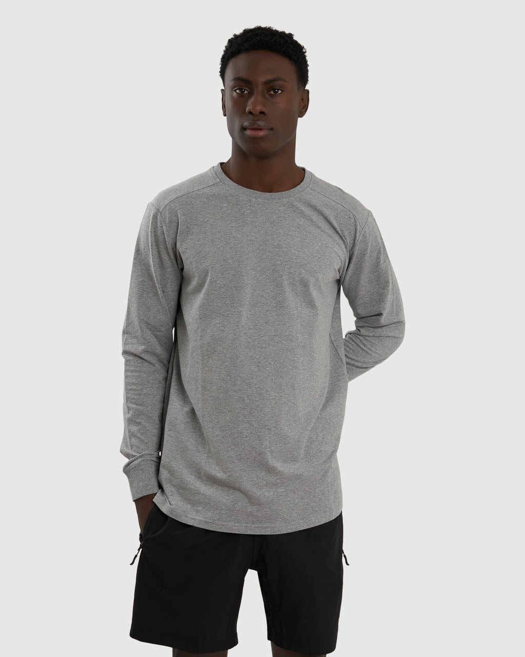 Model wearing Tab LS Tee - Lt Grey Marl