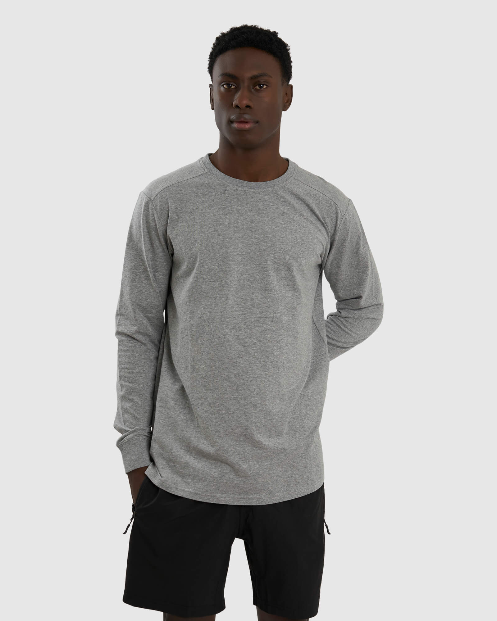 Model wearing Tab LS Tee - Lt Grey Marl