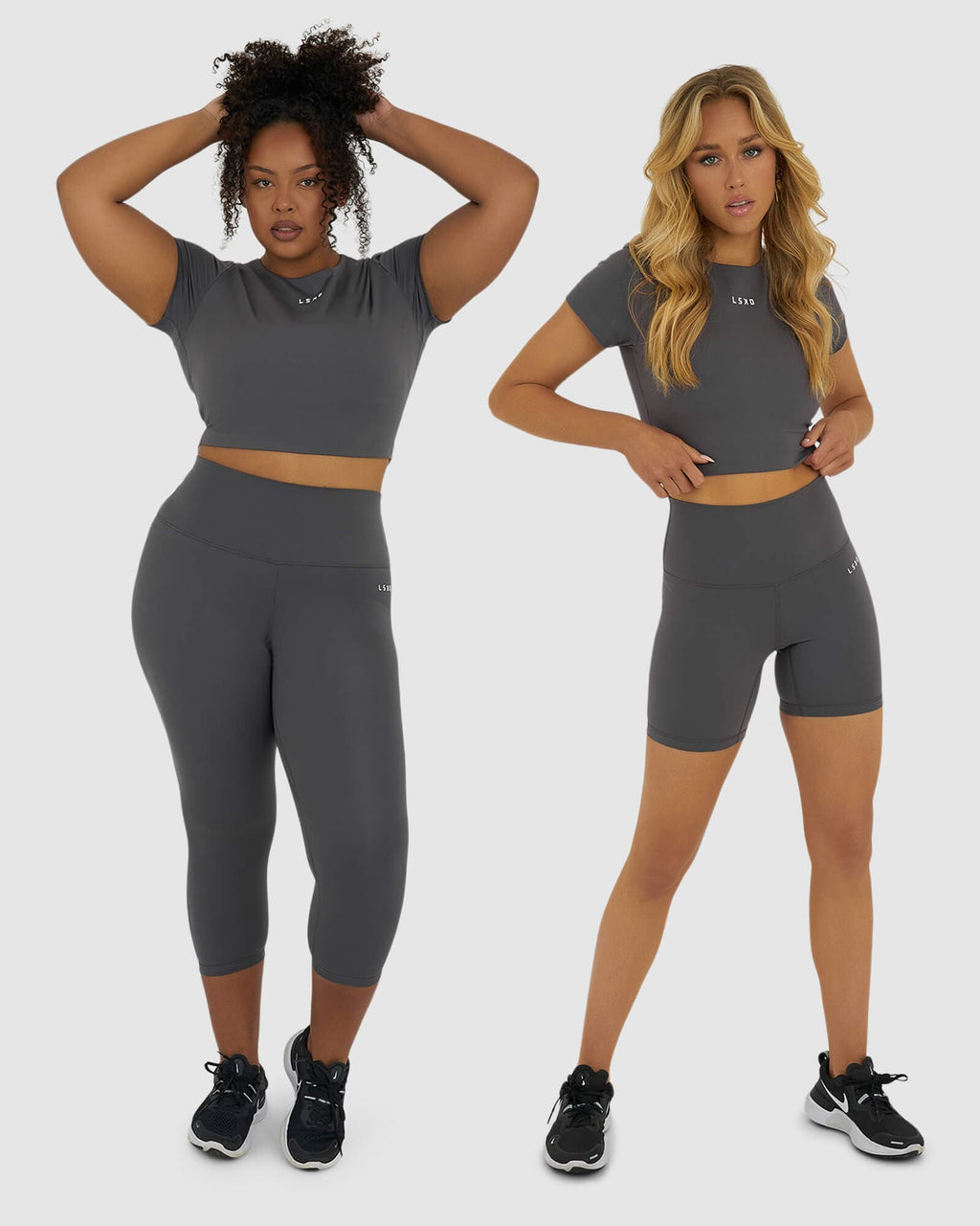 Model wearing Base Crop Tee - Shadow