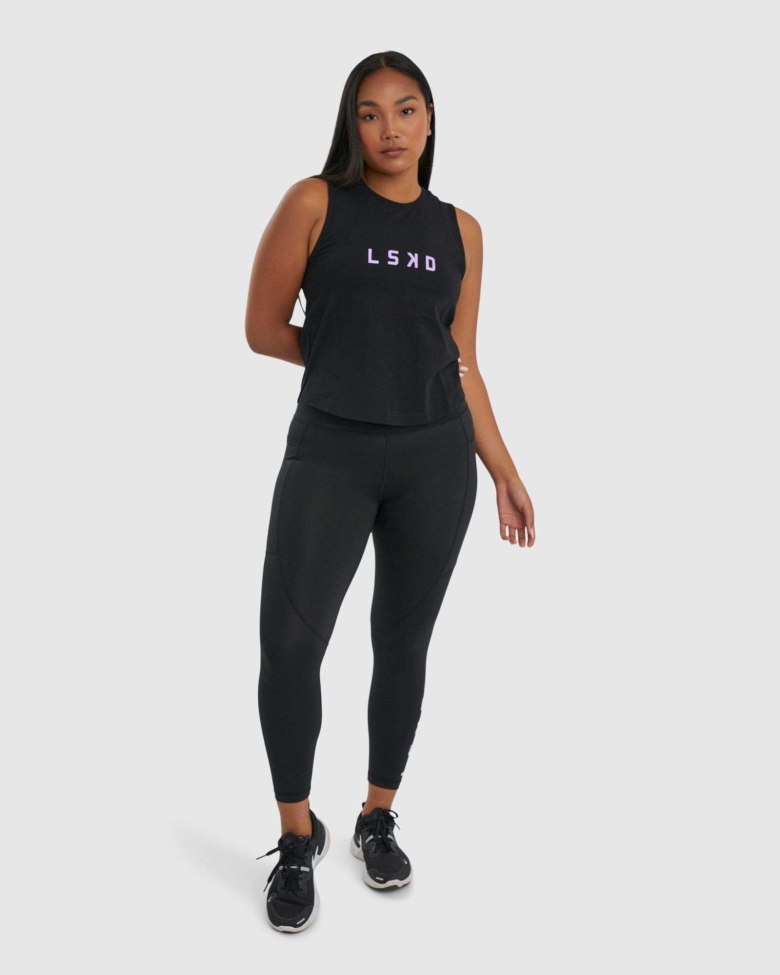 Model wearing Rep Tank - Black-Pastel Lilac