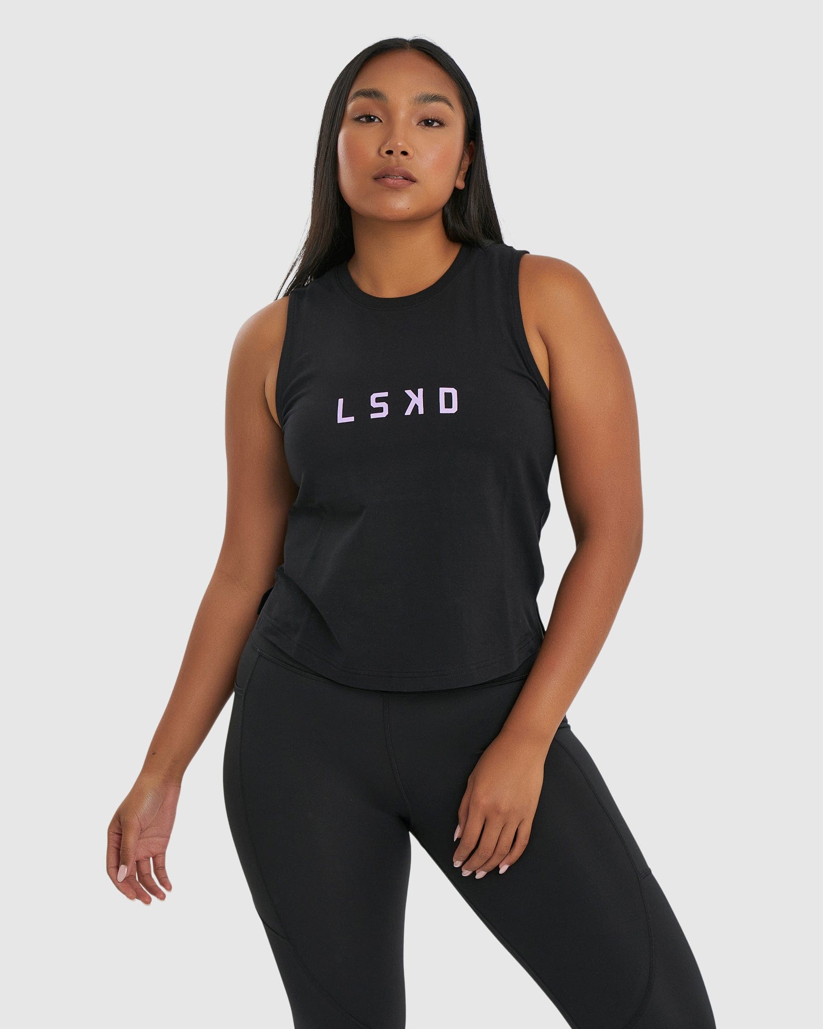 Model wearing Rep Tank - Black-Pastel Lilac