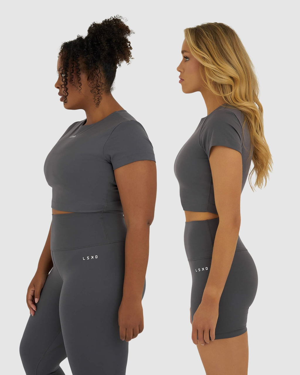 Model wearing Base Crop Tee - Shadow