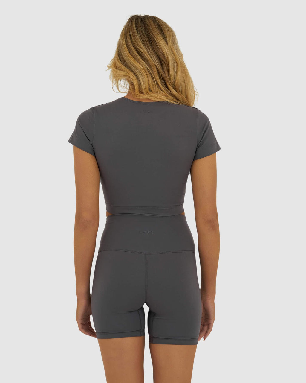 Model wearing Base Crop Tee - Shadow