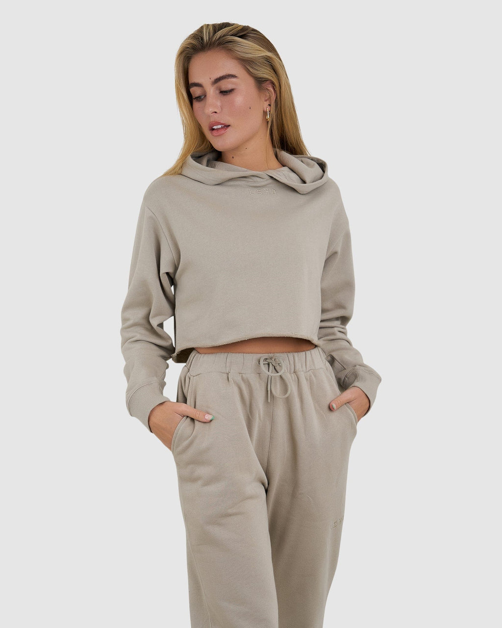 Model wearing Field Pullover - Stone