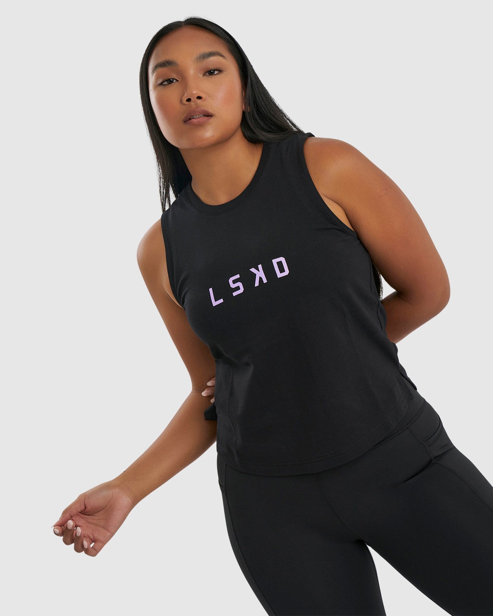 Model wearing Rep Tank - Black-Pastel Lilac