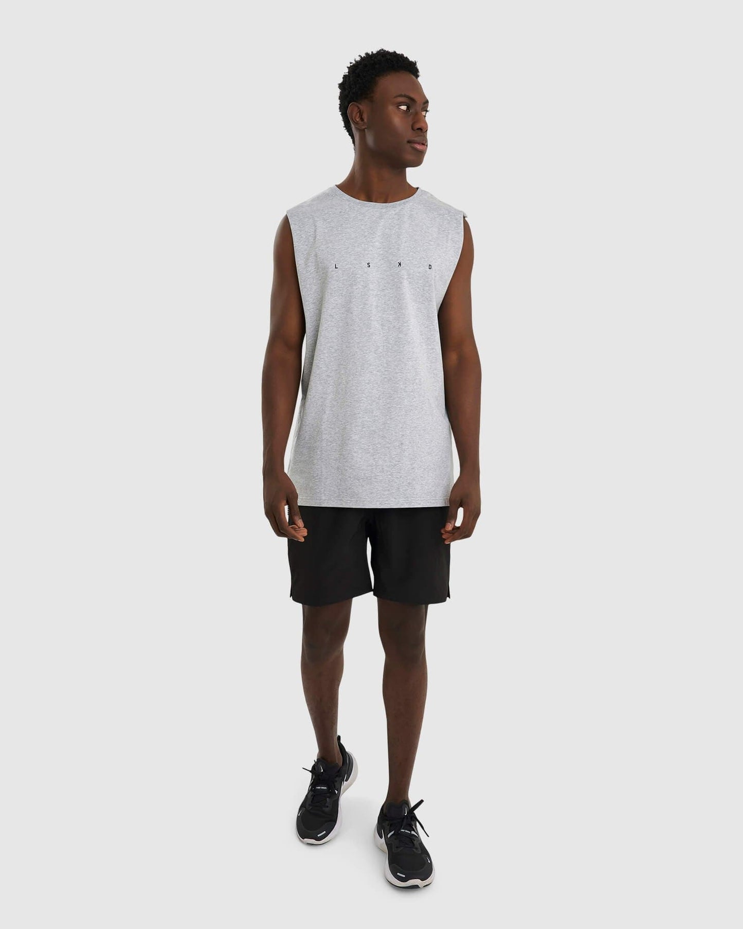 Model wearing Race Tank - Lt Grey Marl