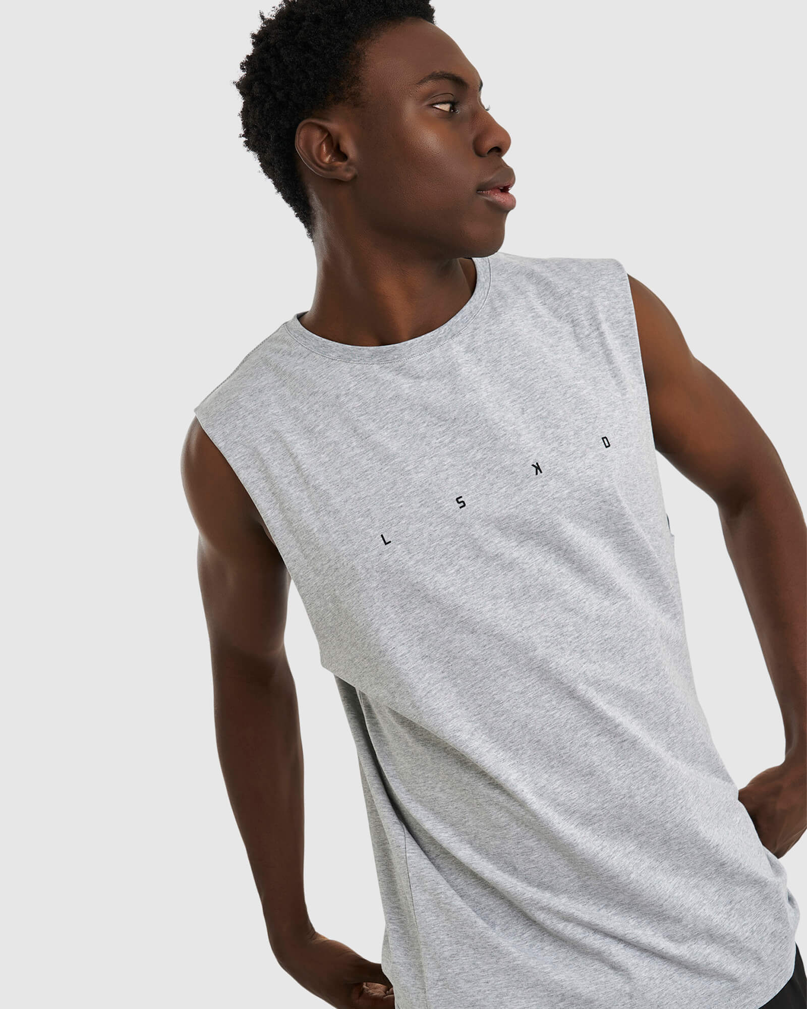 Model wearing Race Tank - Lt Grey Marl