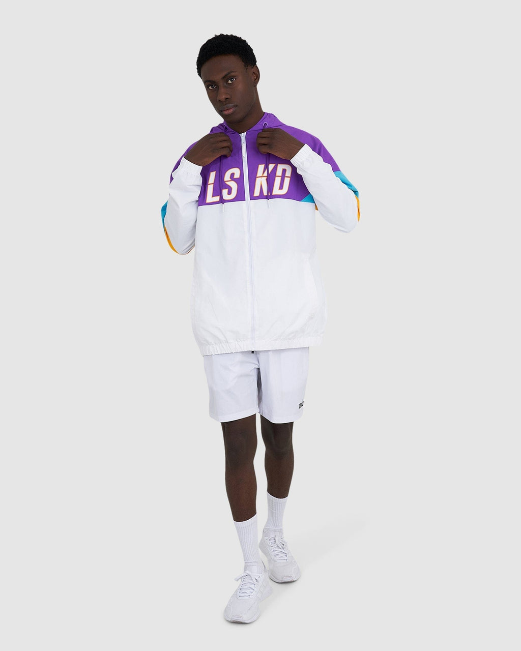 Model wearing Centre Court Track Jacket - White-Electric Lavender