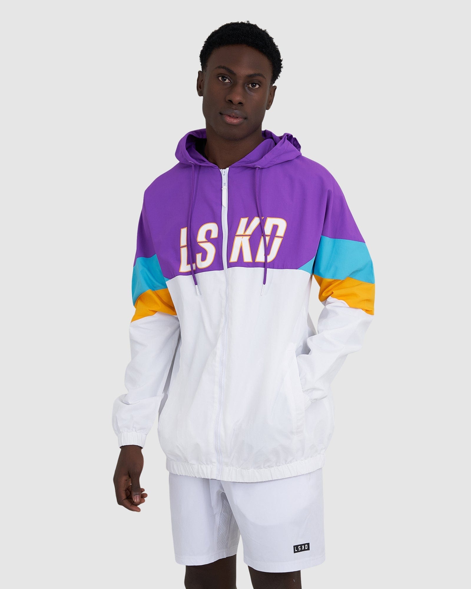 Model wearing Centre Court Track Jacket - White-Electric Lavender
