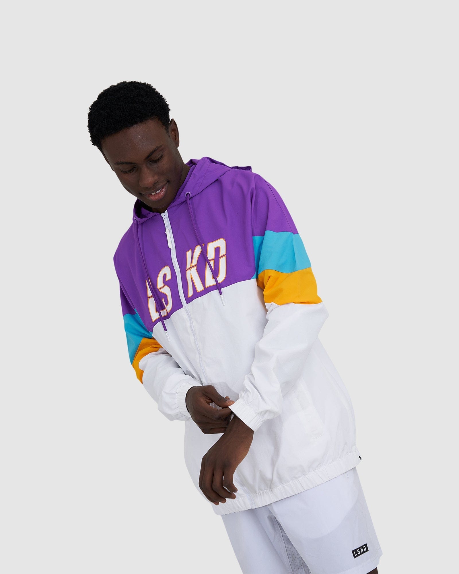 Model wearing Centre Court Track Jacket - White-Electric Lavender