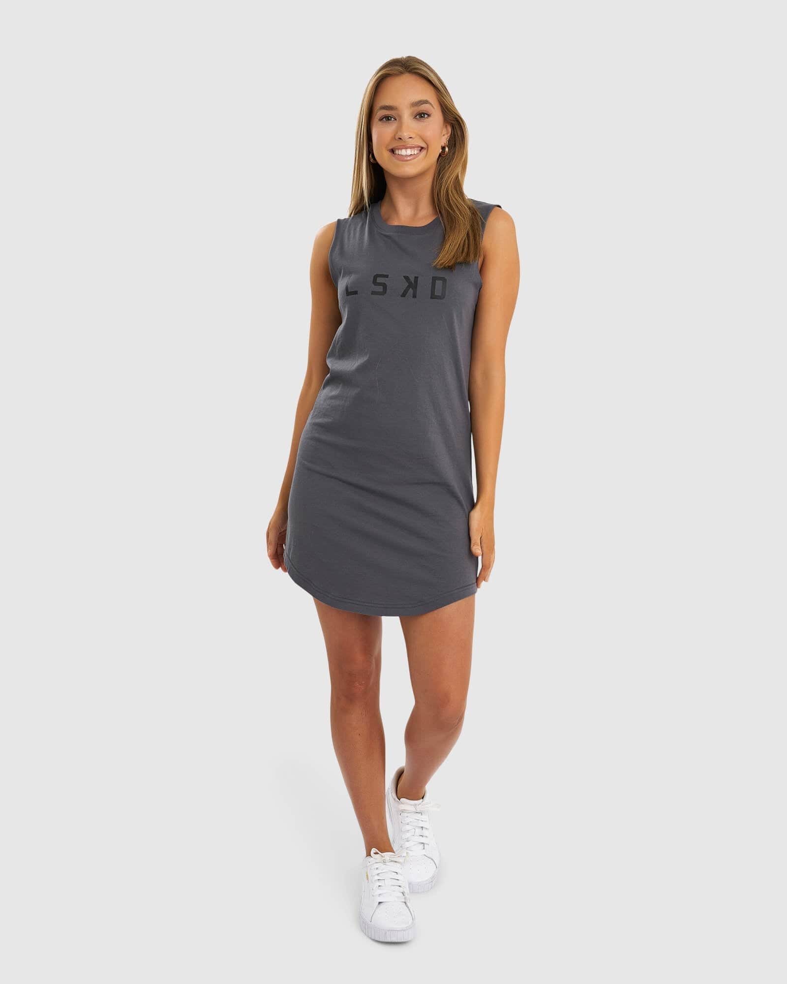 Model wearing Structure Tank Dress - Iron