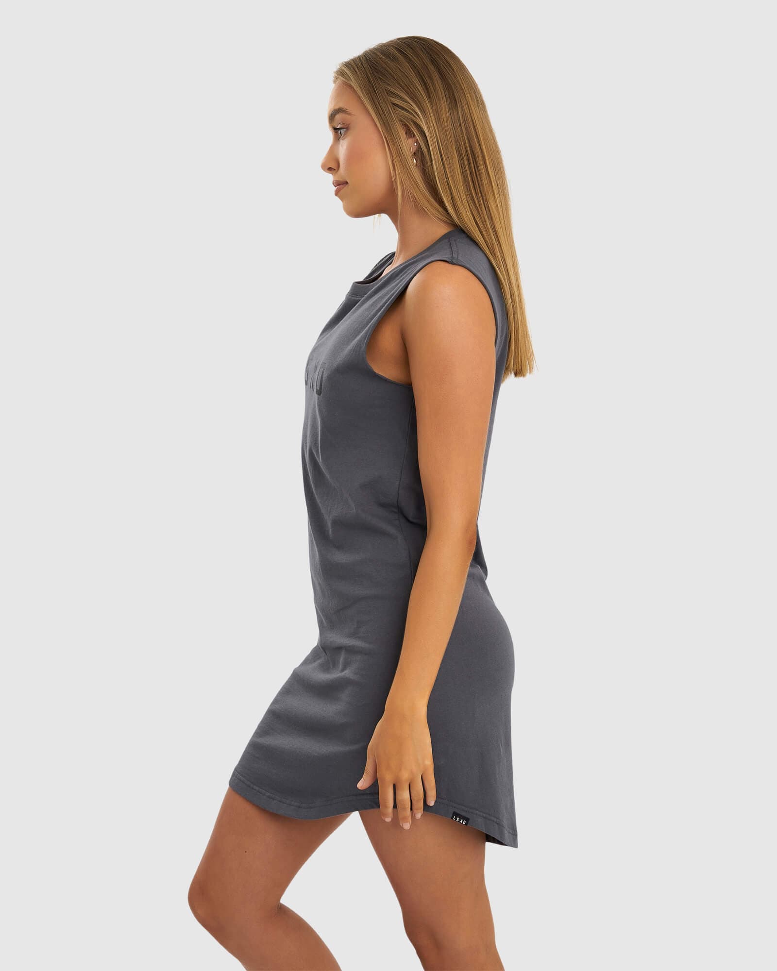 Model wearing Structure Tank Dress - Iron
