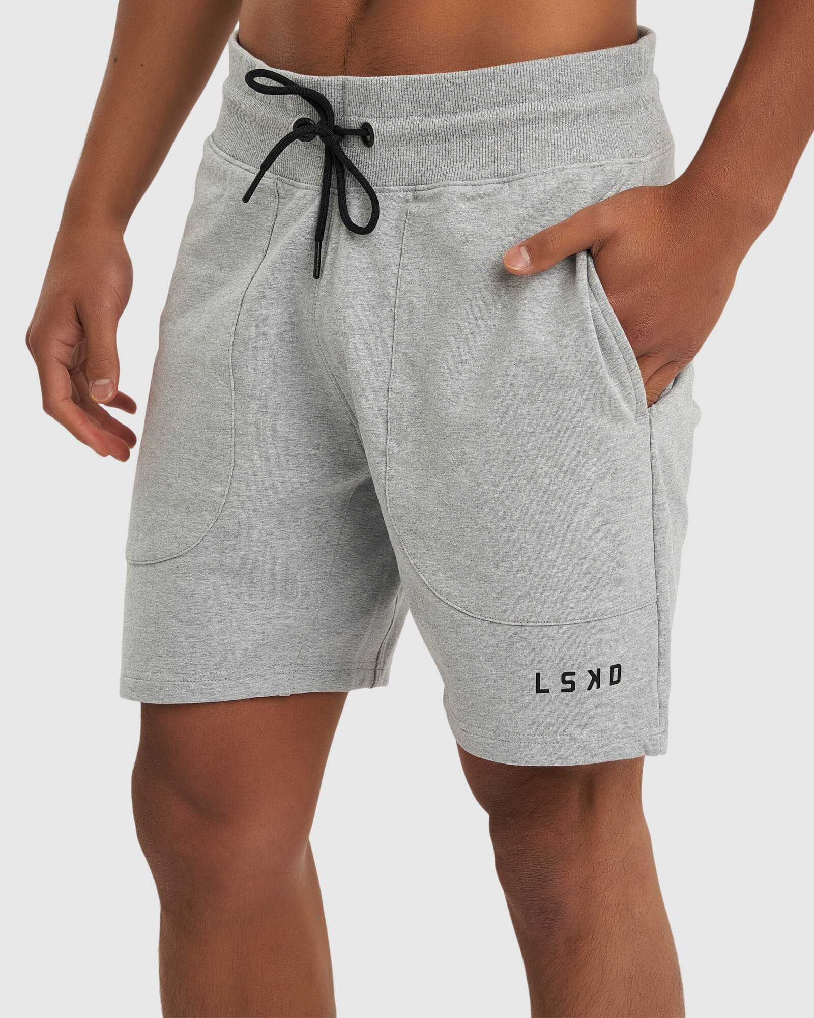 Model wearing Routine Track Short - Light Grey Marl