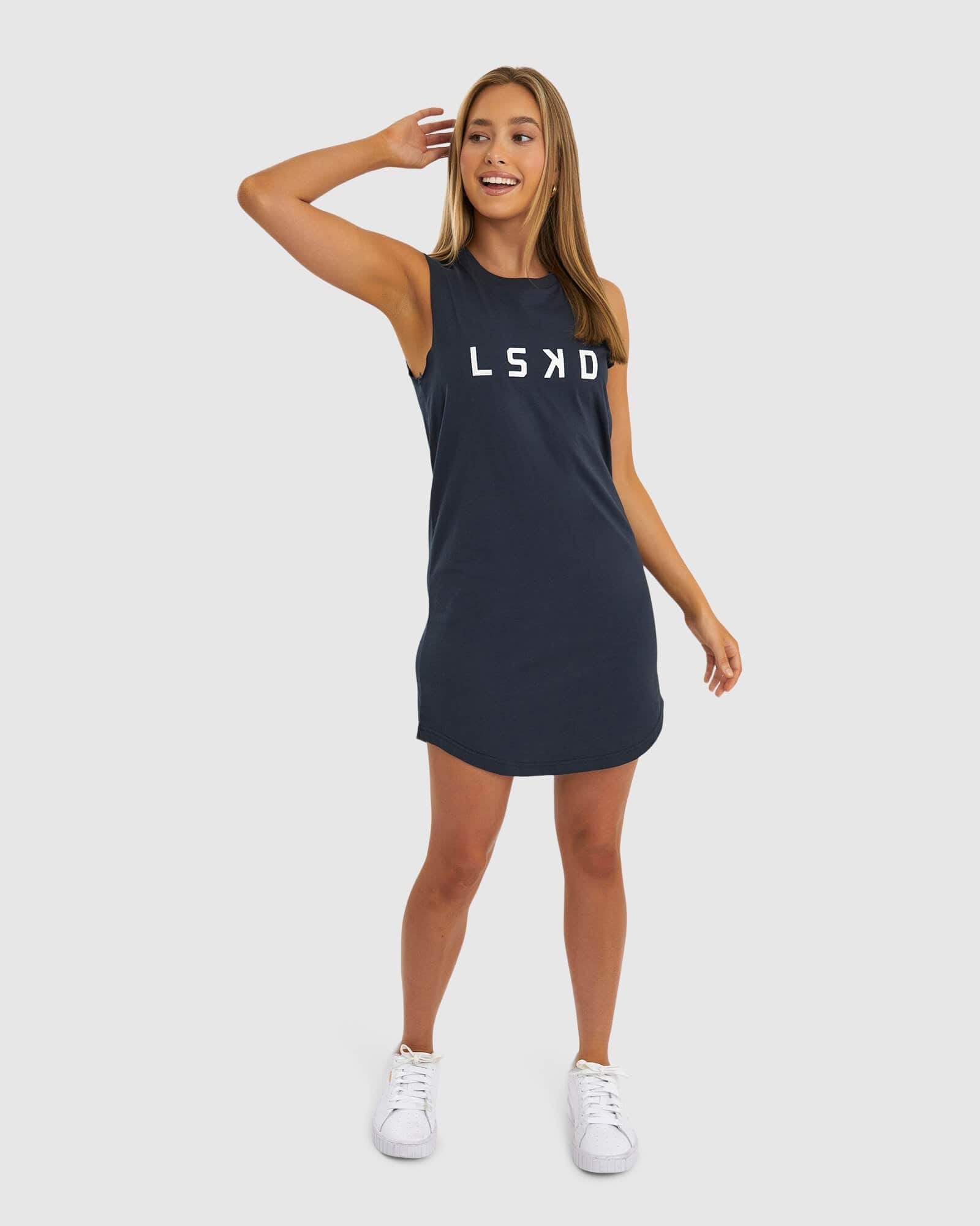 Model wearing Structure Tank Dress - Carbon