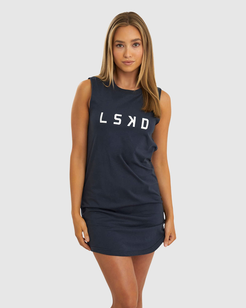 Model wearing Structure Tank Dress - Carbon