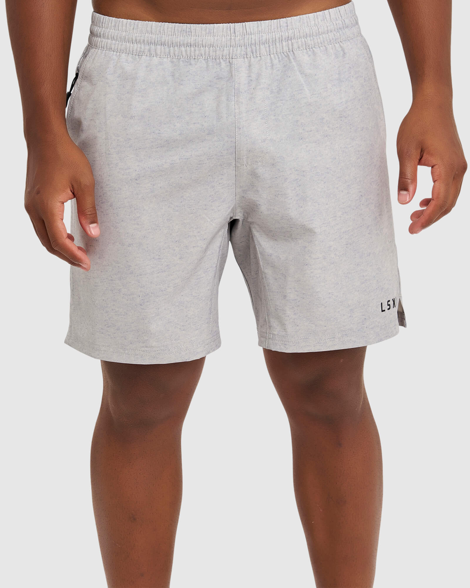 Model wearing Intensity 7" Performance Short - Lt Grey Marl