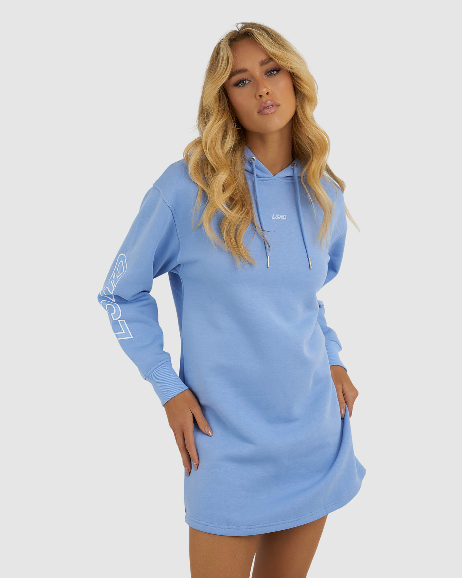 Model wearing DK Hoodie Dress - Soft Blue