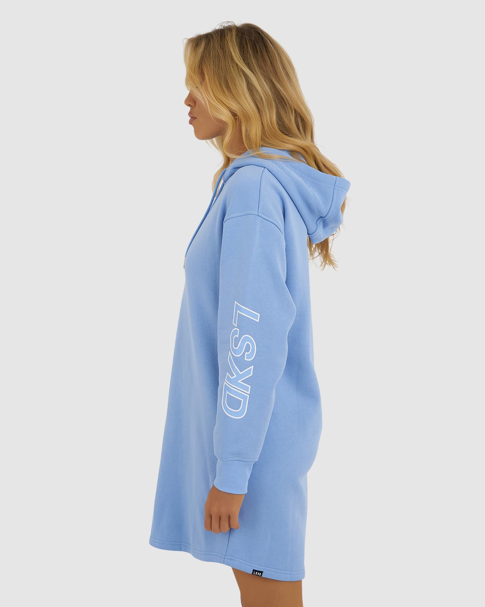 Model wearing DK Hoodie Dress - Soft Blue