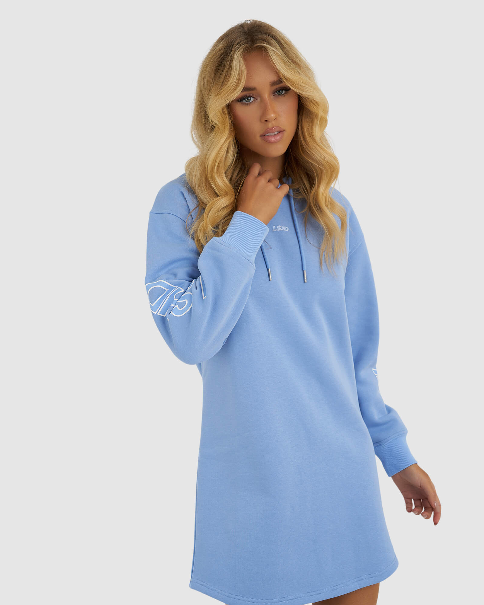 Model wearing DK Hoodie Dress - Soft Blue