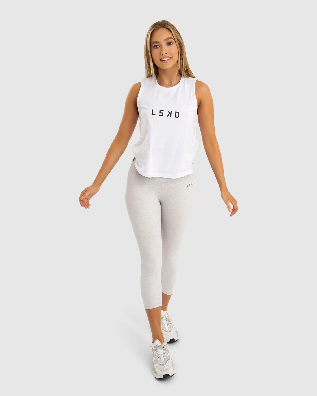 Model wearing Base 3/4 Tight - Lt Grey Marl