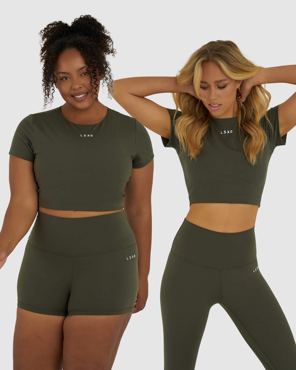 Model wearing Base Crop Tee - Forest Night