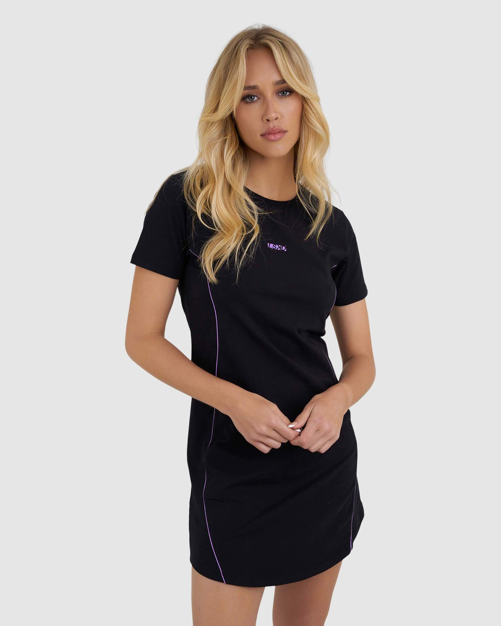 Model wearing Remi Tee Dress - Black-Electric Lavender