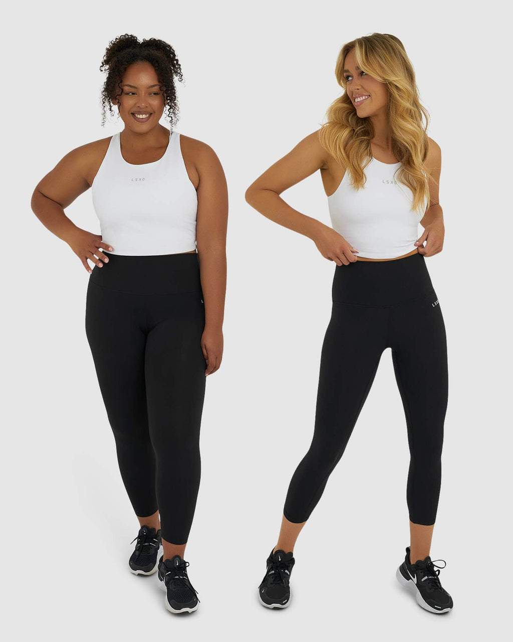 Model wearing Base Crop Tank - White