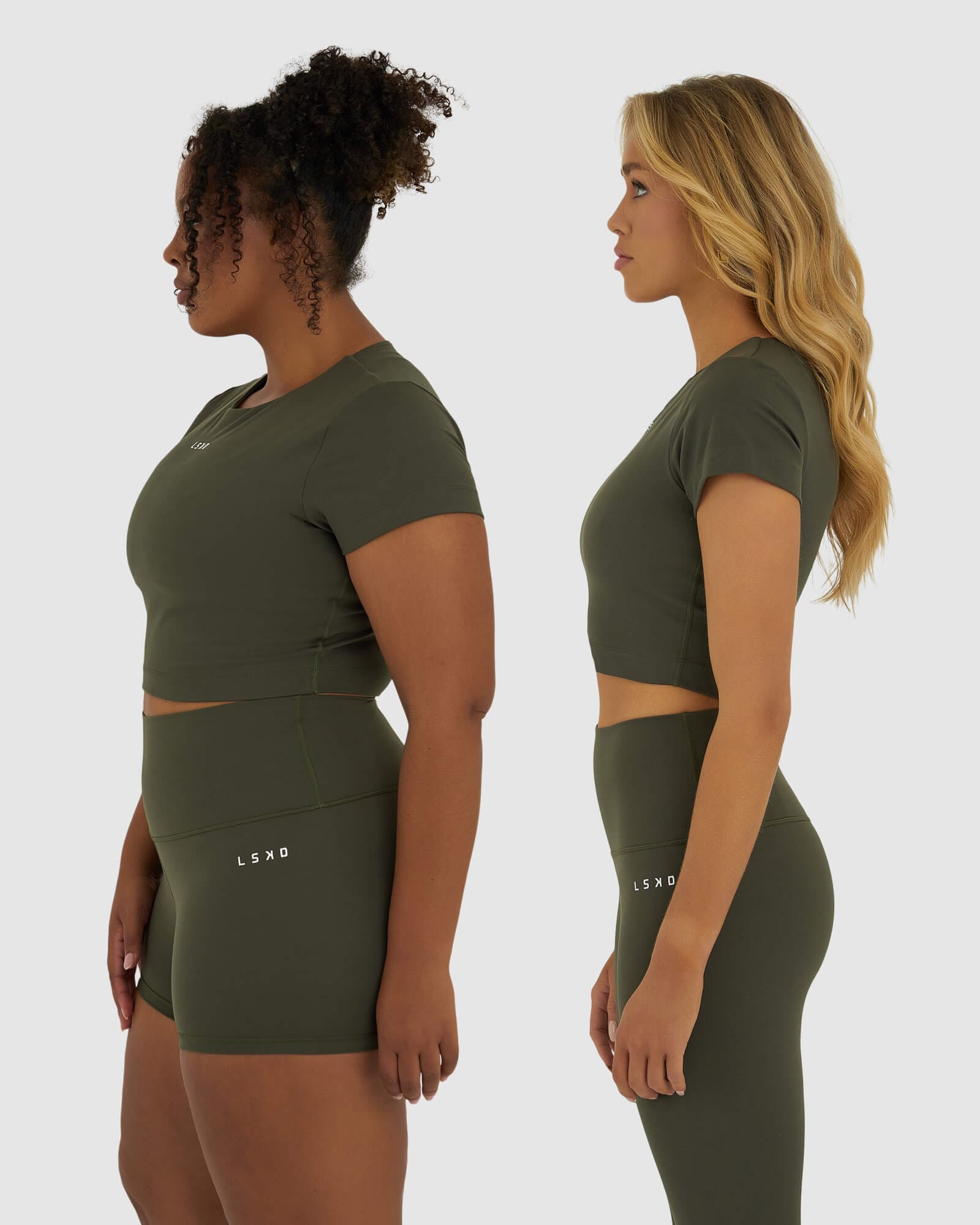 Model wearing Base Crop Tee - Forest Night